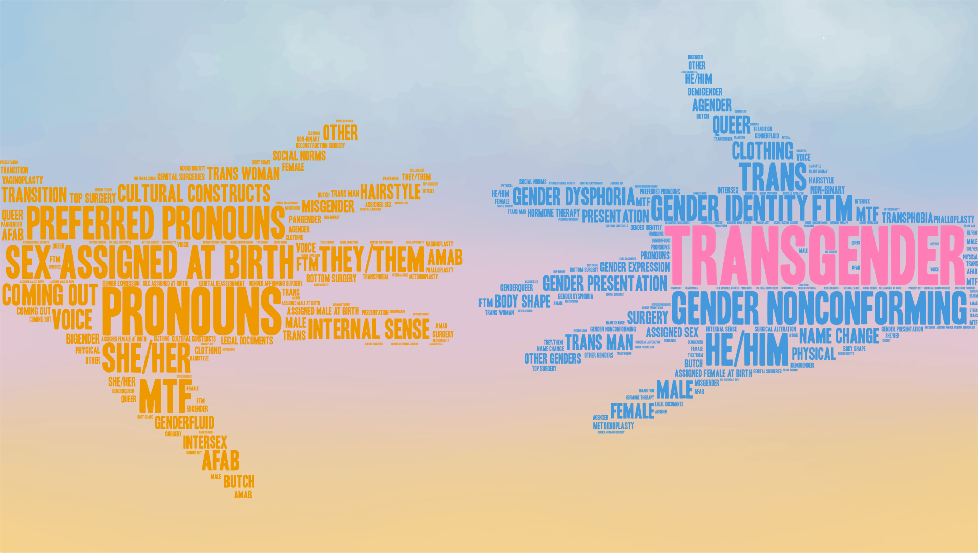 Transgender Hands made of gender words on a pale sky